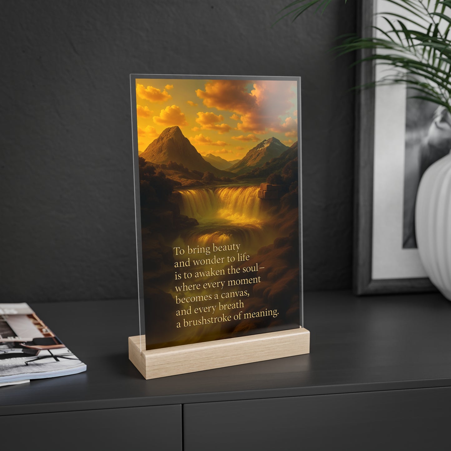 Inspirational Acrylic Glass Plaque with Wooden Stand – Mountainous Waterfall With Quote