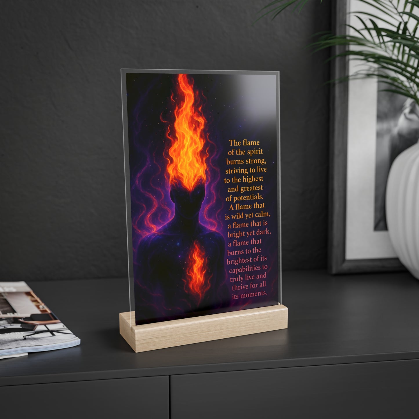 Inspirational Acrylic Plaque with Wooden Stand – 'Flame of the Spirit'