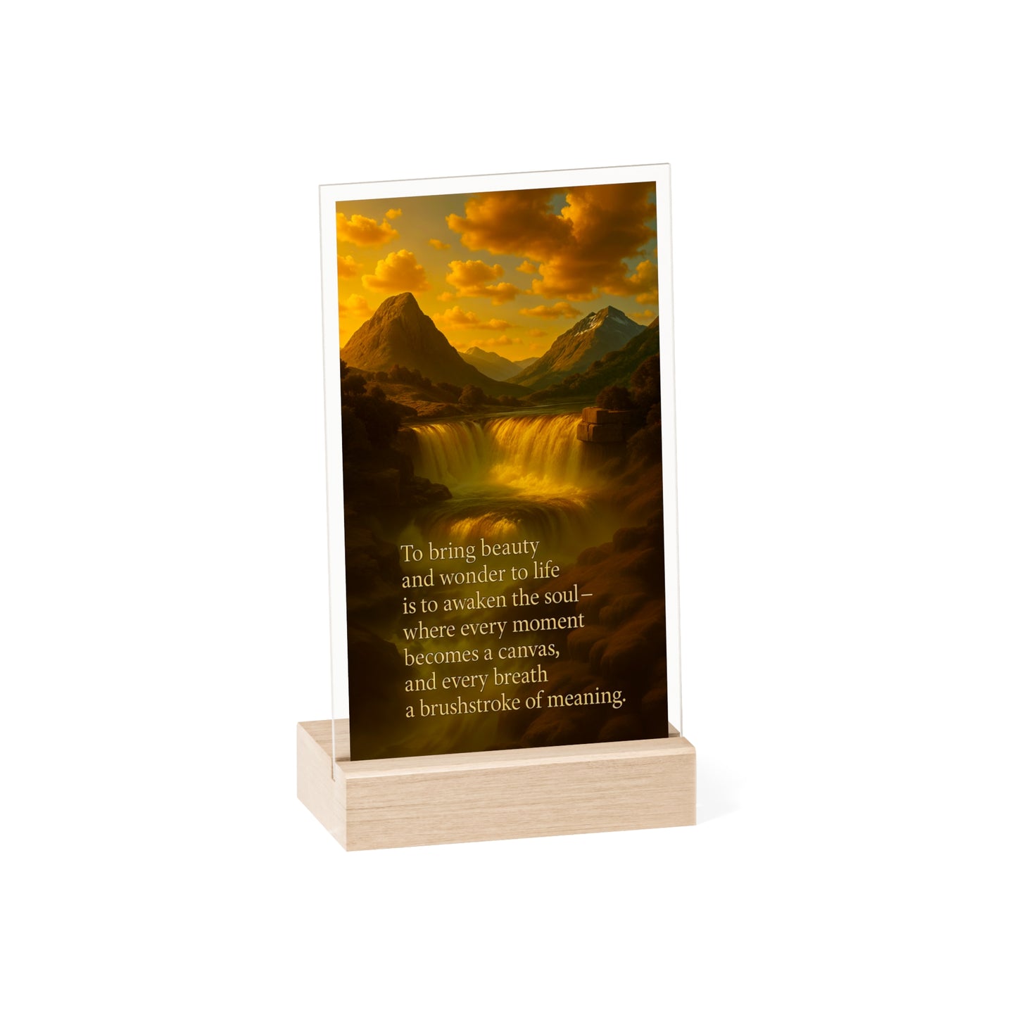 Inspirational Acrylic Glass Plaque with Wooden Stand – Mountainous Waterfall With Quote