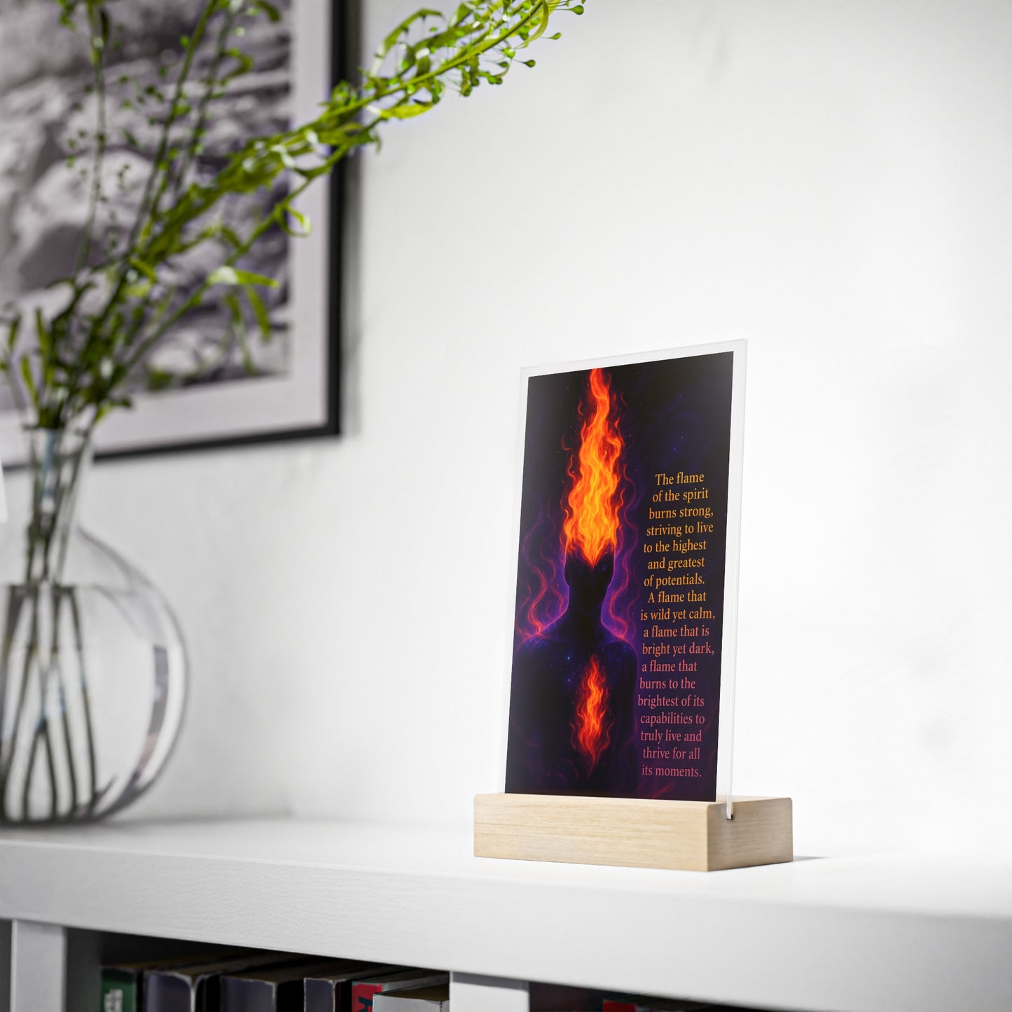 Inspirational Acrylic Plaque with Wooden Stand – 'Flame of the Spirit'