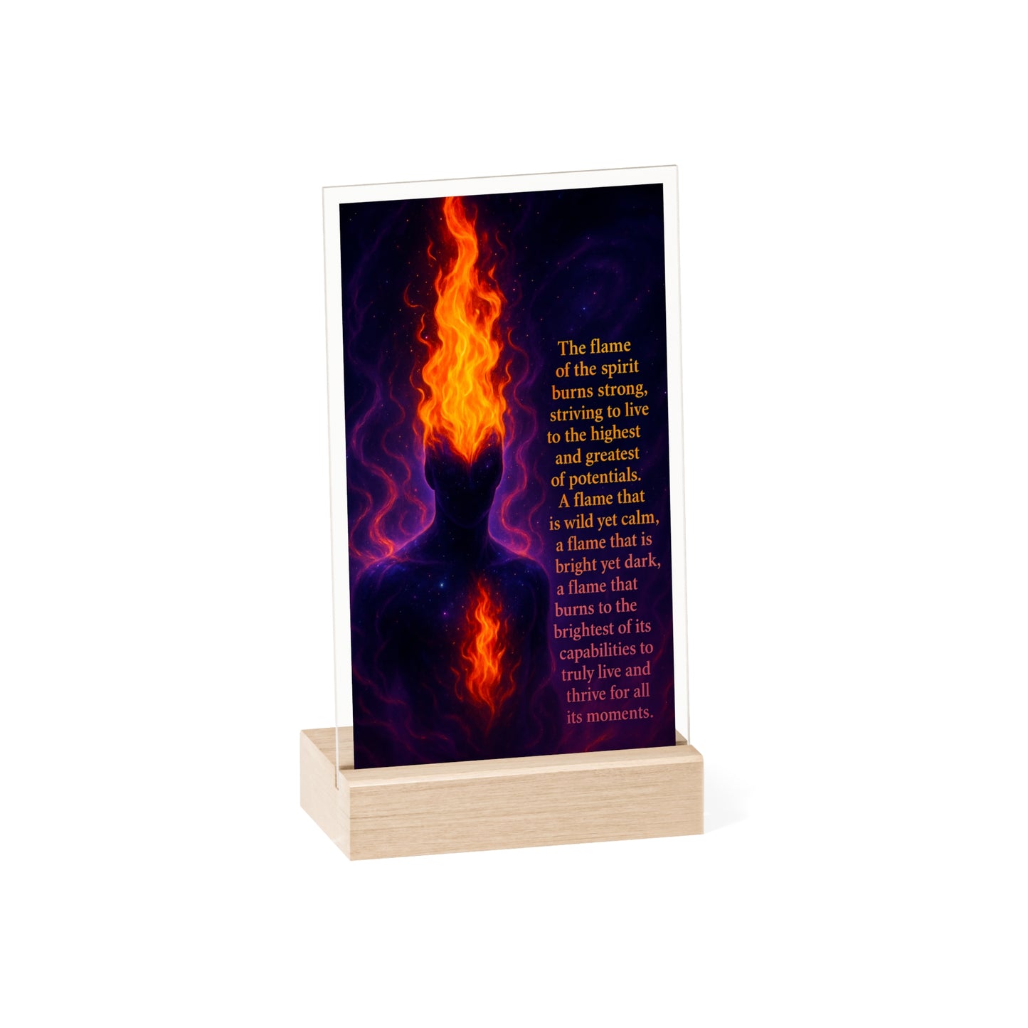 Inspirational Acrylic Plaque with Wooden Stand – 'Flame of the Spirit'