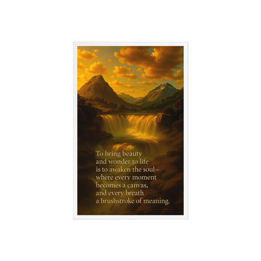 Inspirational Acrylic Glass Plaque with Wooden Stand – Mountainous Waterfall With Quote